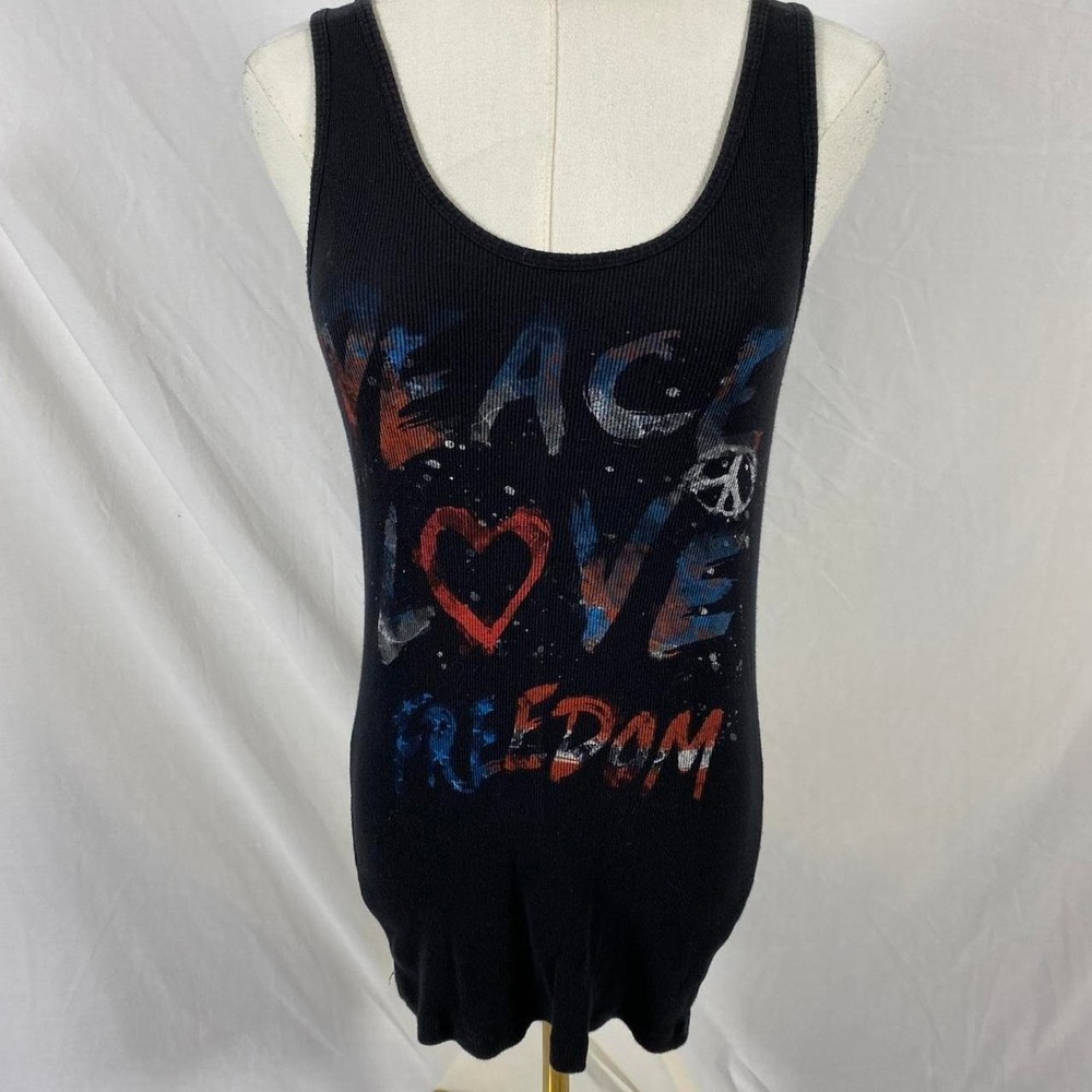 Stranded black tank top 'Peace Love Freedom'‎ size small y2k 2000s vtg
